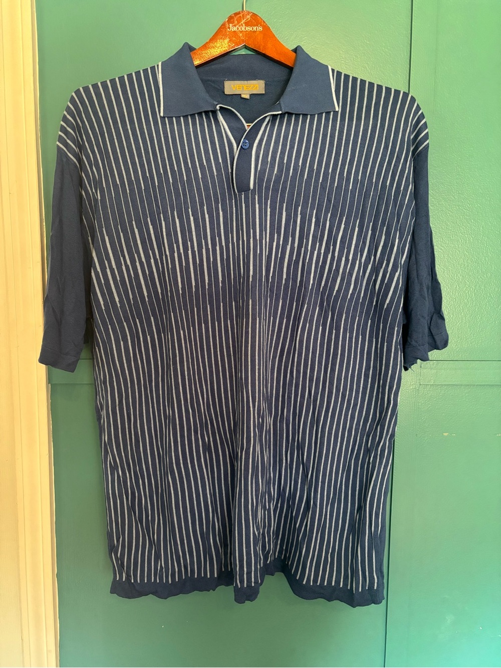 Venezzi Men’s Navy Blue Vertical Stripe Silk Blend Collard Shirt Size XL